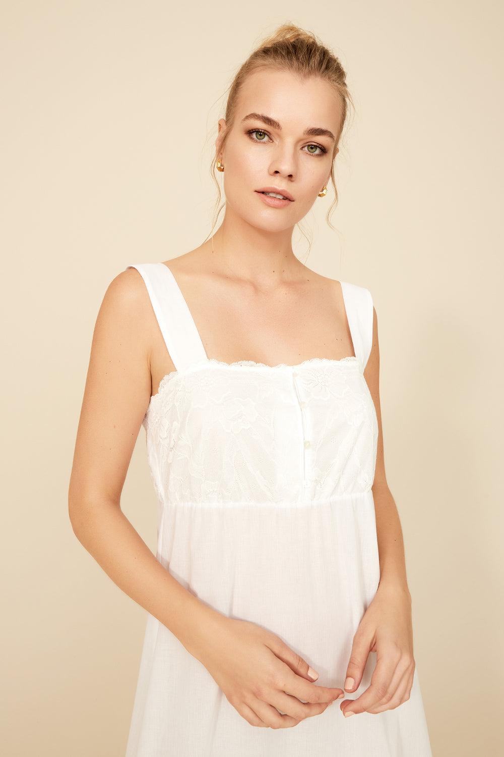 Liv - Long Cotton Buttoned Nightgown - Off White - Bocan