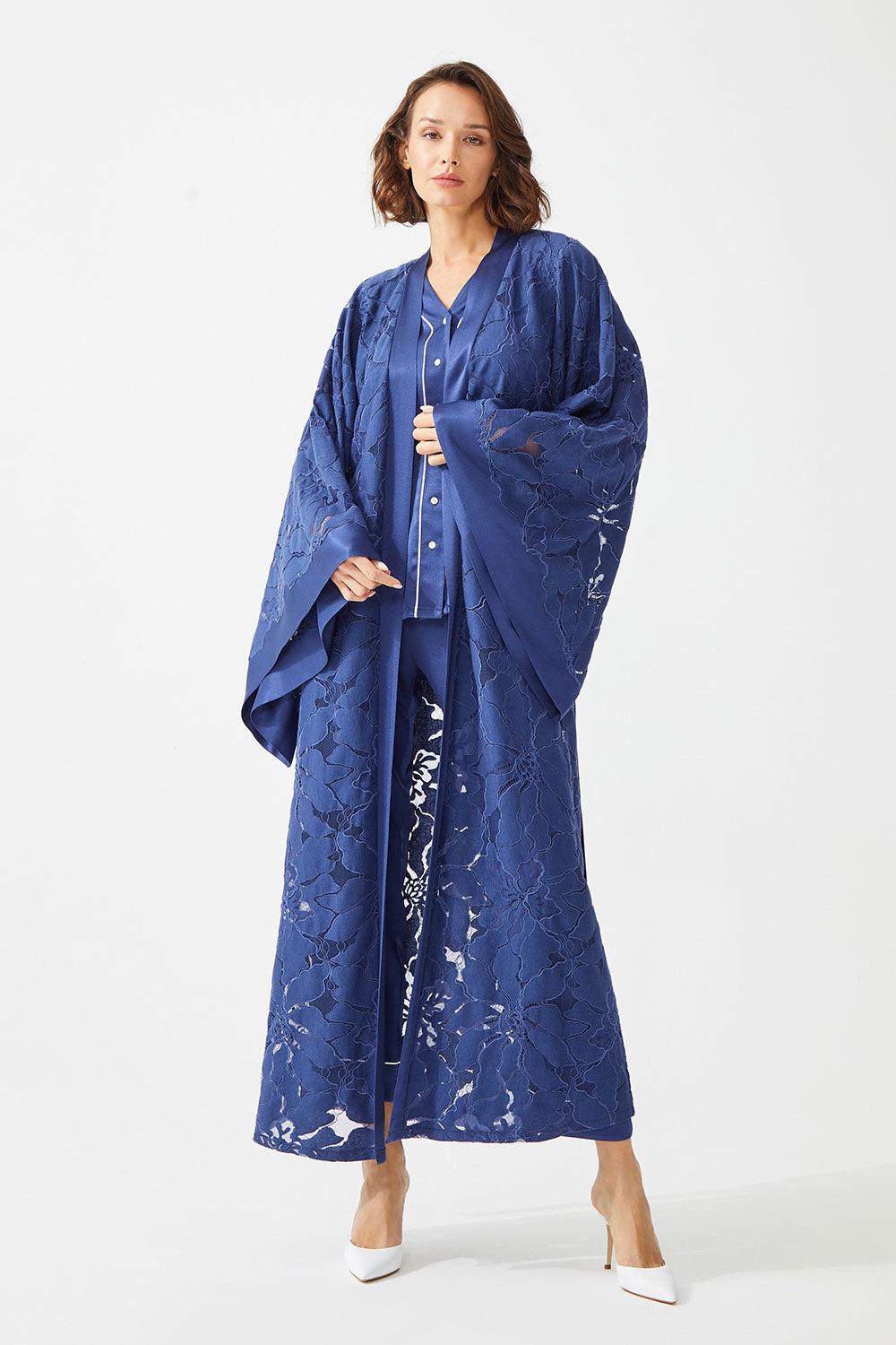 Lobelia Long Full Trimmed with Lace Robe Set - Navy Blue - Bocan