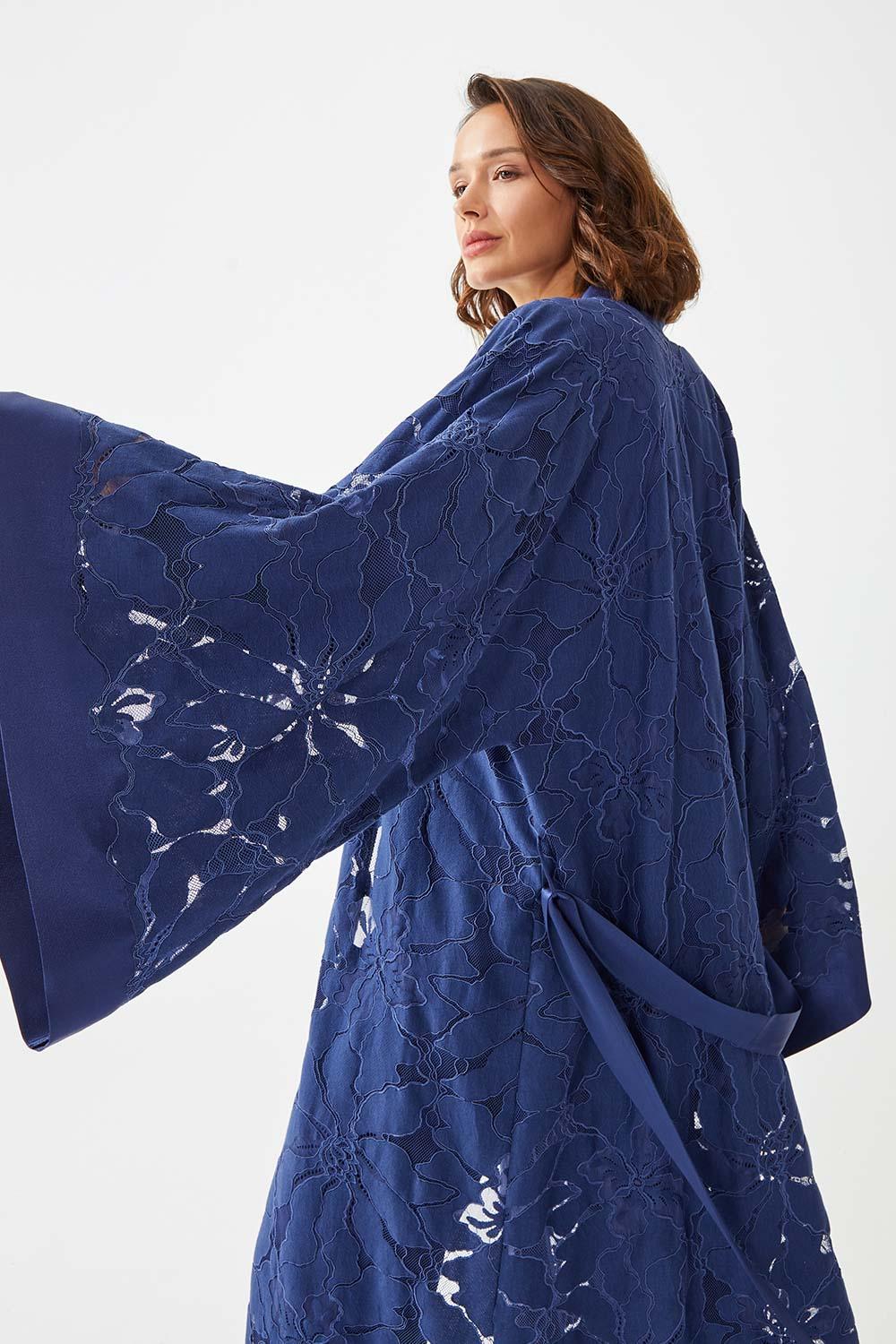 Lobelia Long Full Trimmed with Lace Robe Set - Navy Blue - Bocan