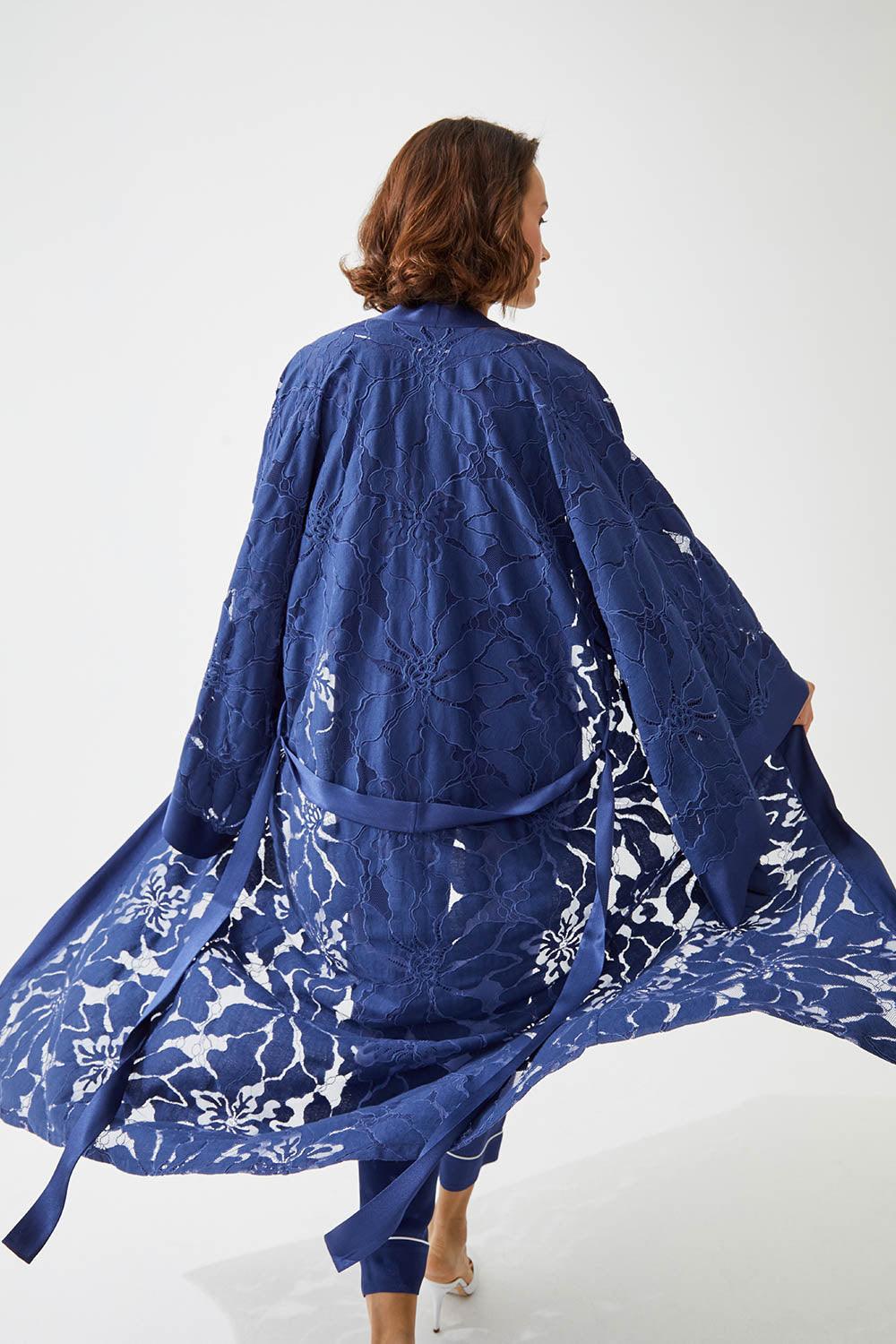 Lobelia Long Full Trimmed with Lace Robe Set - Navy Blue - Bocan