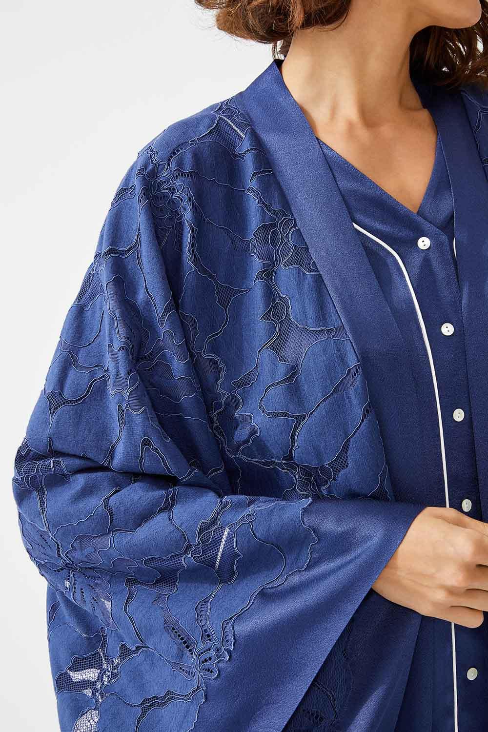 Lobelia Long Full Trimmed with Lace Robe Set - Navy Blue - Bocan