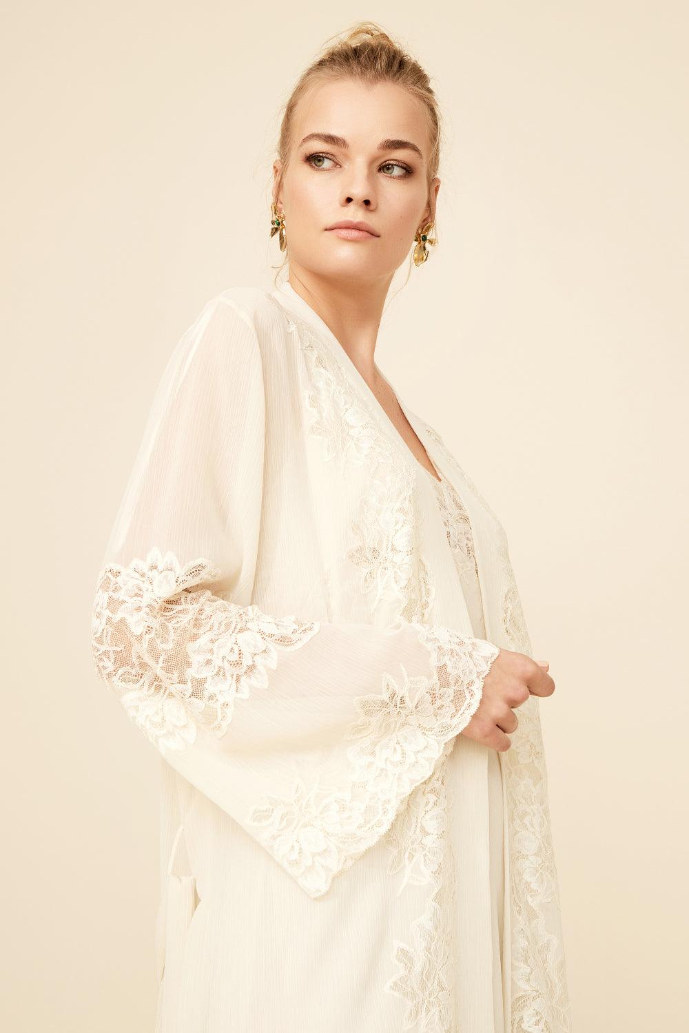 Lois - Long Silk Chiffon Robe Set - Honey - Bocan