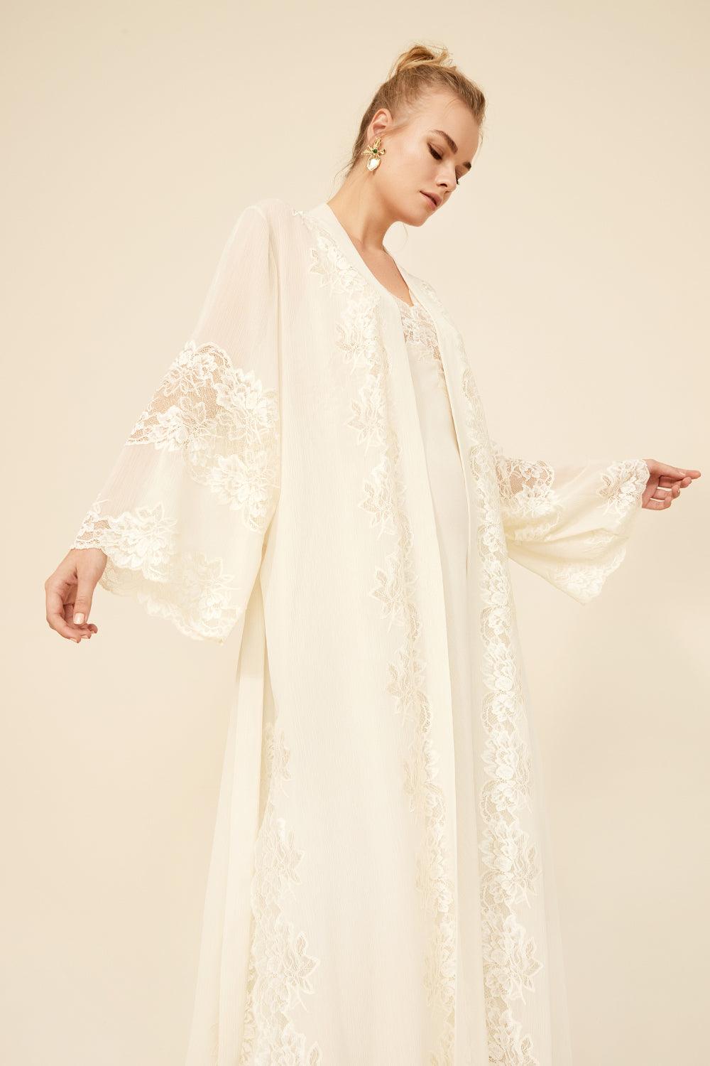 Lois - Long Silk Chiffon Robe Set - Honey - Bocan