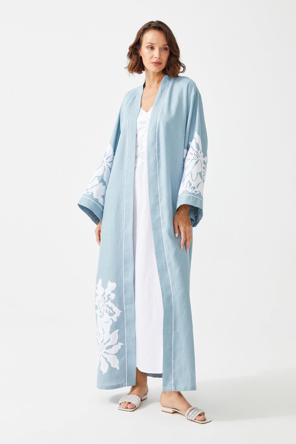 Lotus Long Linen Embroidered with Lace Kaftan Set - Nile Green - Bocan