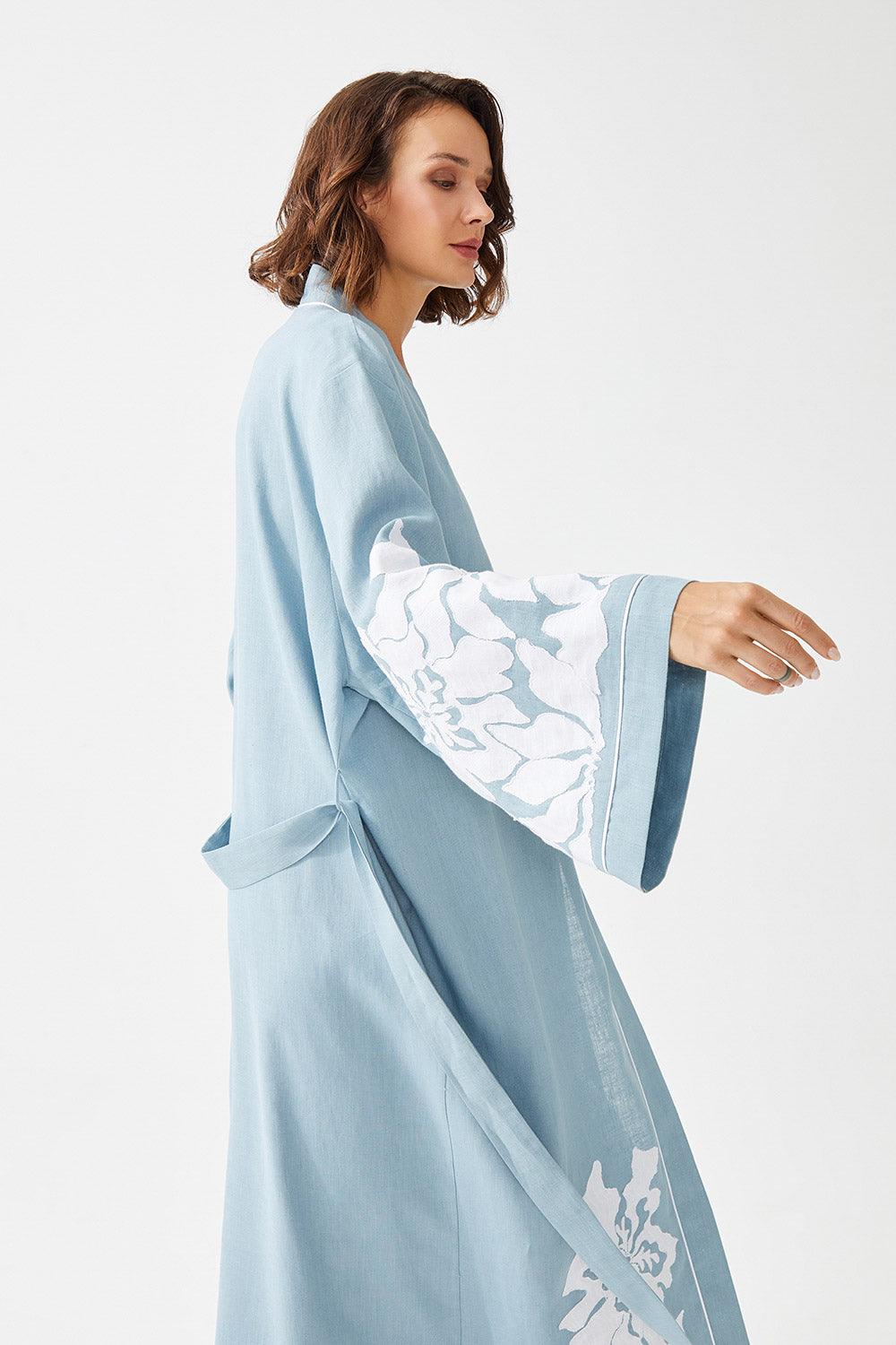 Lotus Long Linen Embroidered with Lace Kaftan Set - Nile Green - Bocan