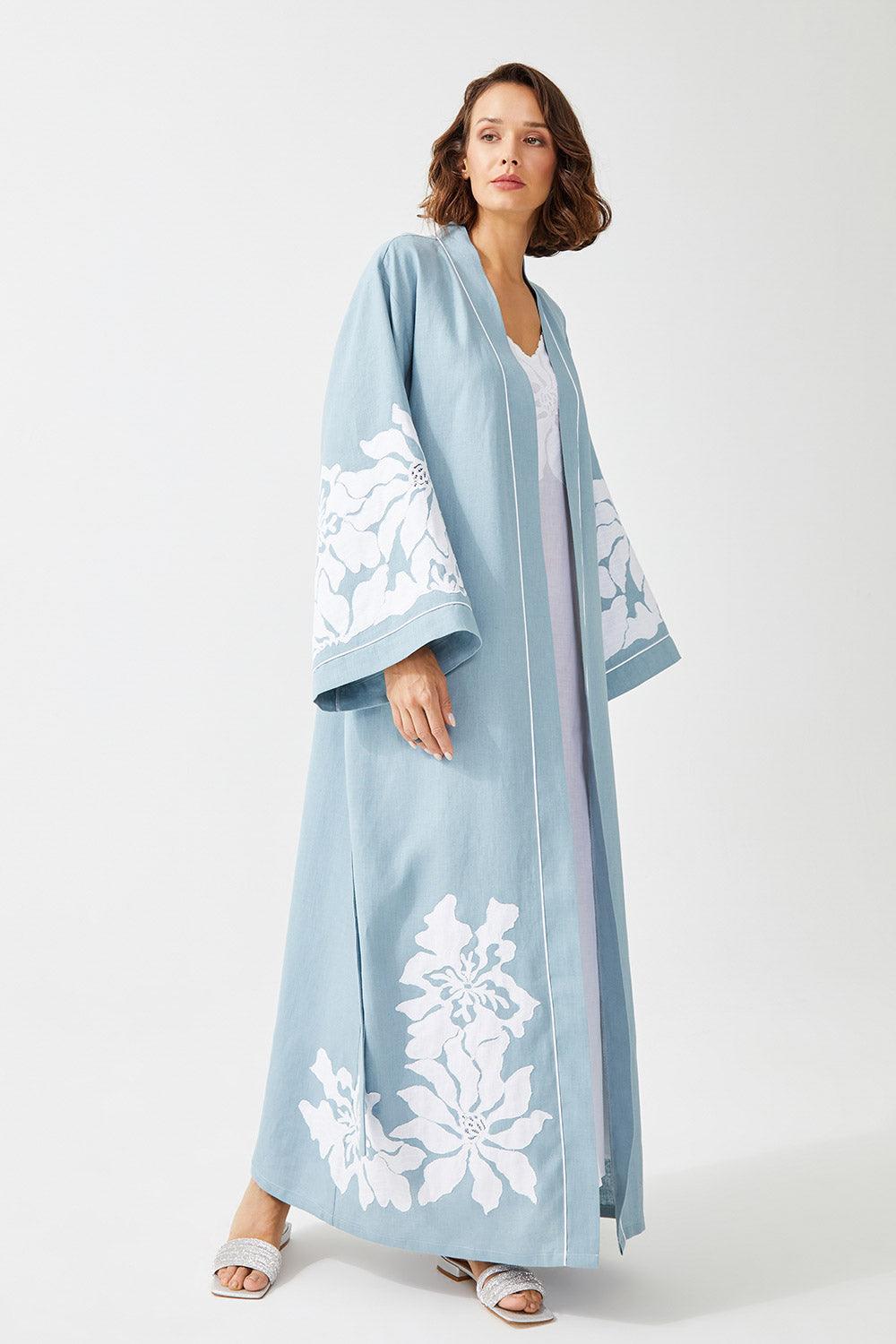 Lotus Long Linen Embroidered with Lace Kaftan Set - Nile Green - Bocan