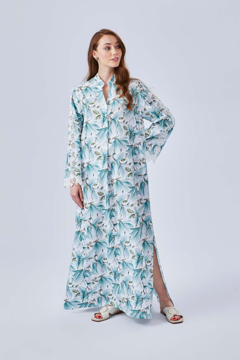 Magie - Poplin Long Buttoned Dress - Printed Green - Bocan