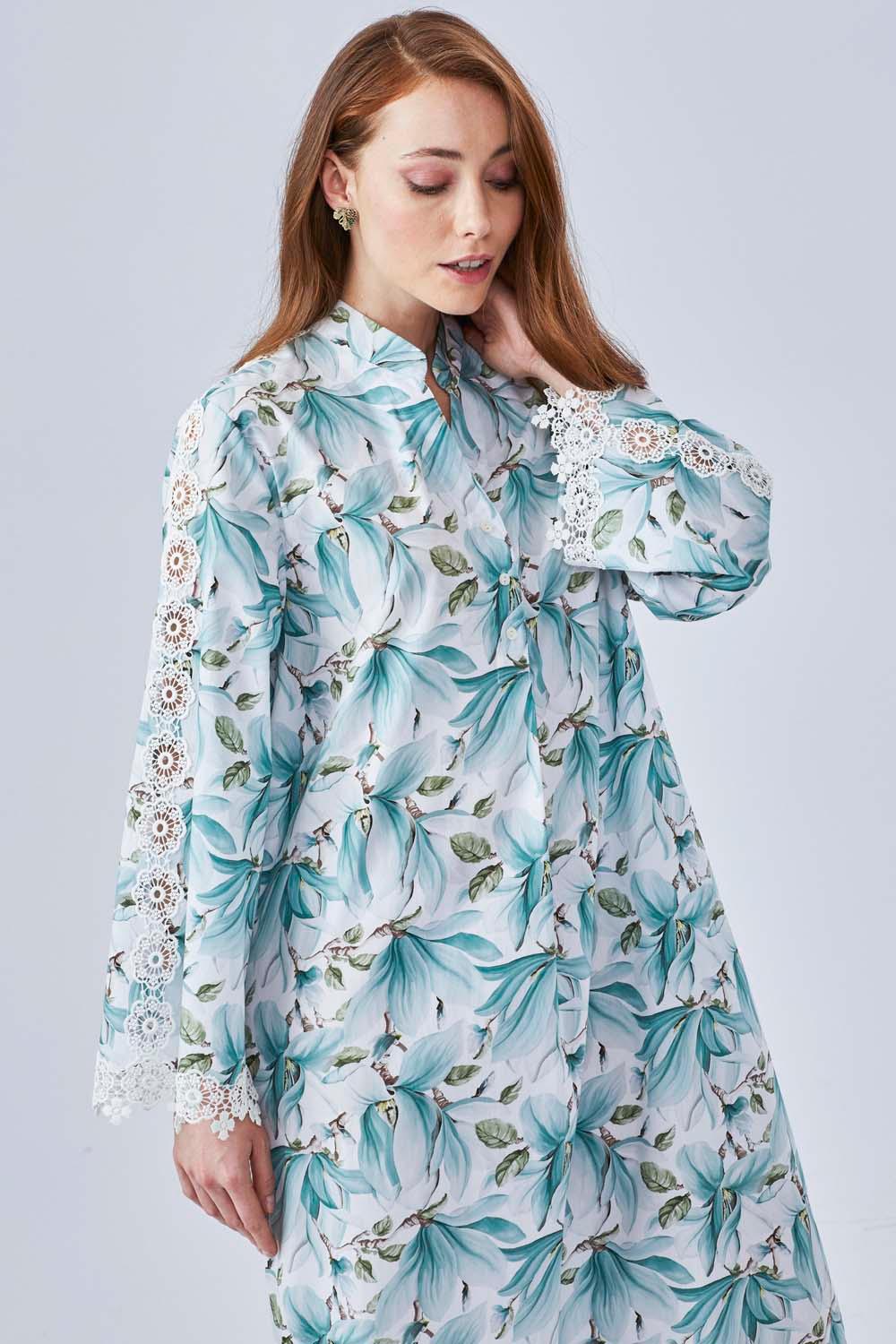 Magie - Poplin Long Buttoned Dress - Printed Green - Bocan