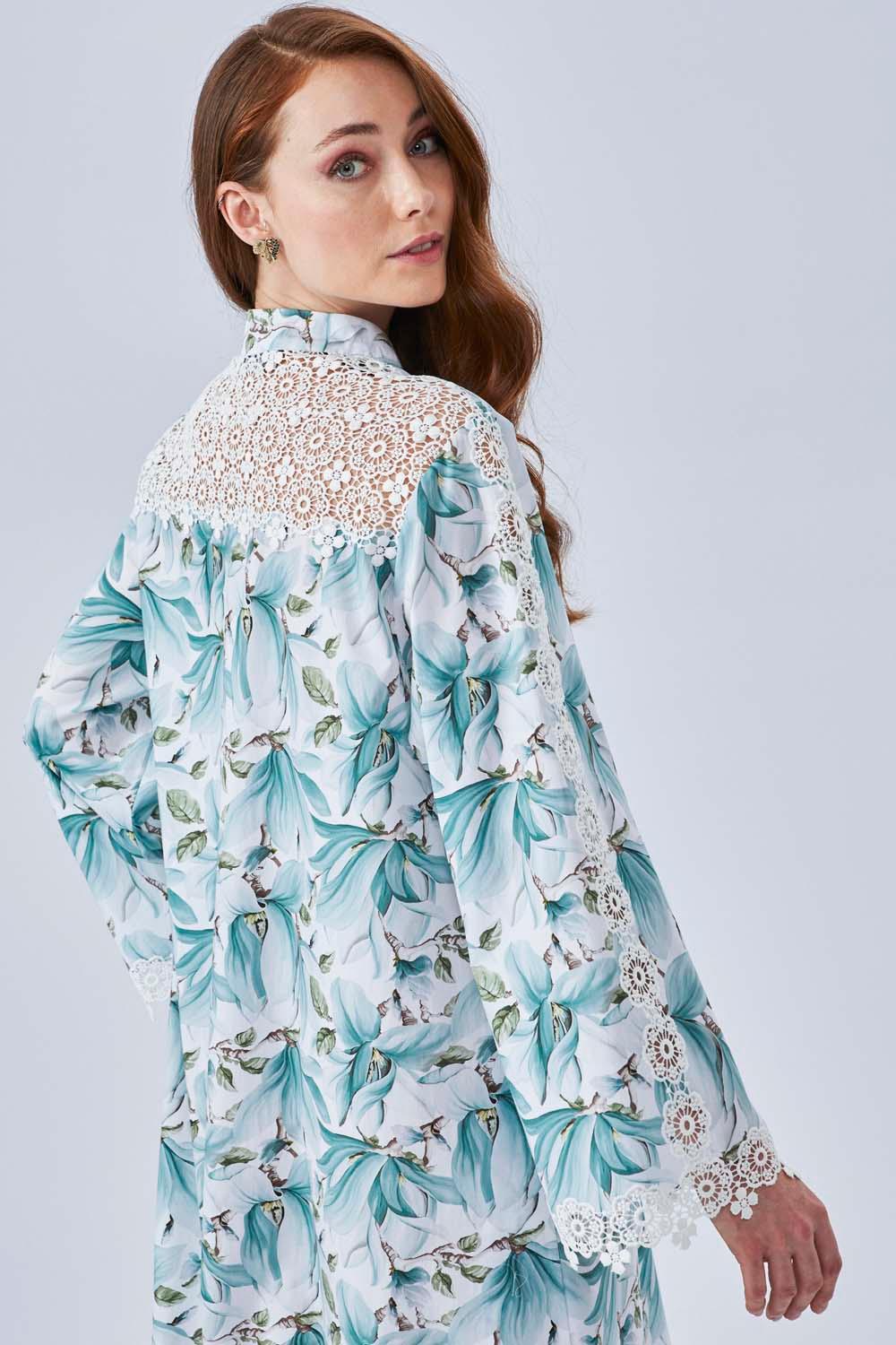 Magie - Poplin Long Buttoned Dress - Printed Green - Bocan