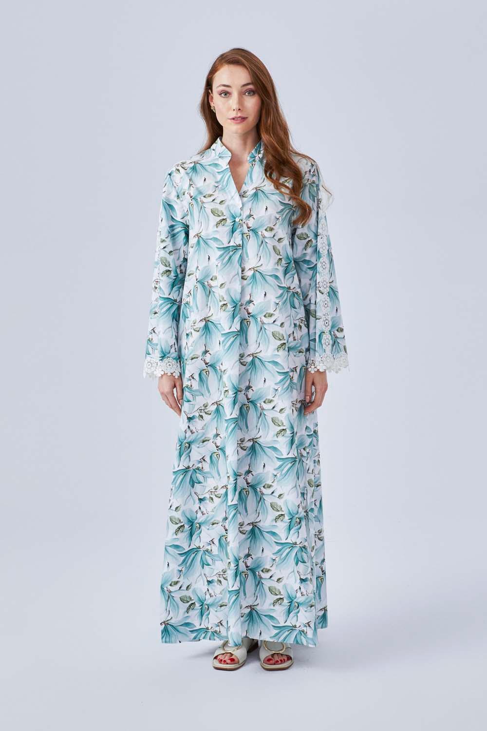 Magie - Poplin Long Buttoned Dress - Printed Green - Bocan