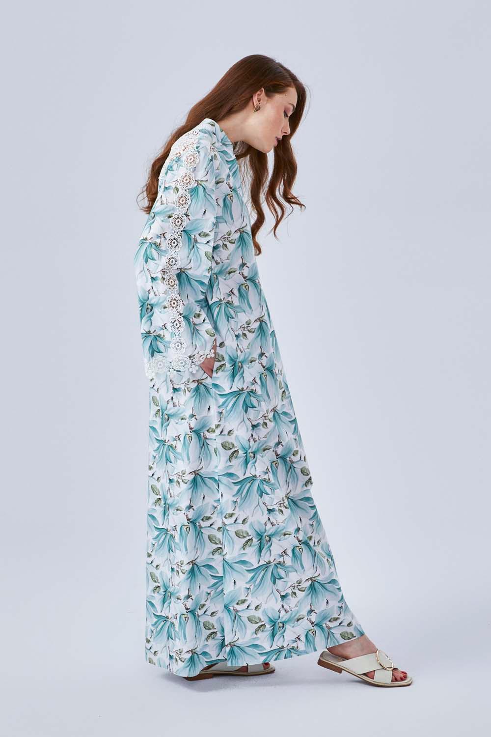 Magie - Poplin Long Buttoned Dress - Printed Green - Bocan