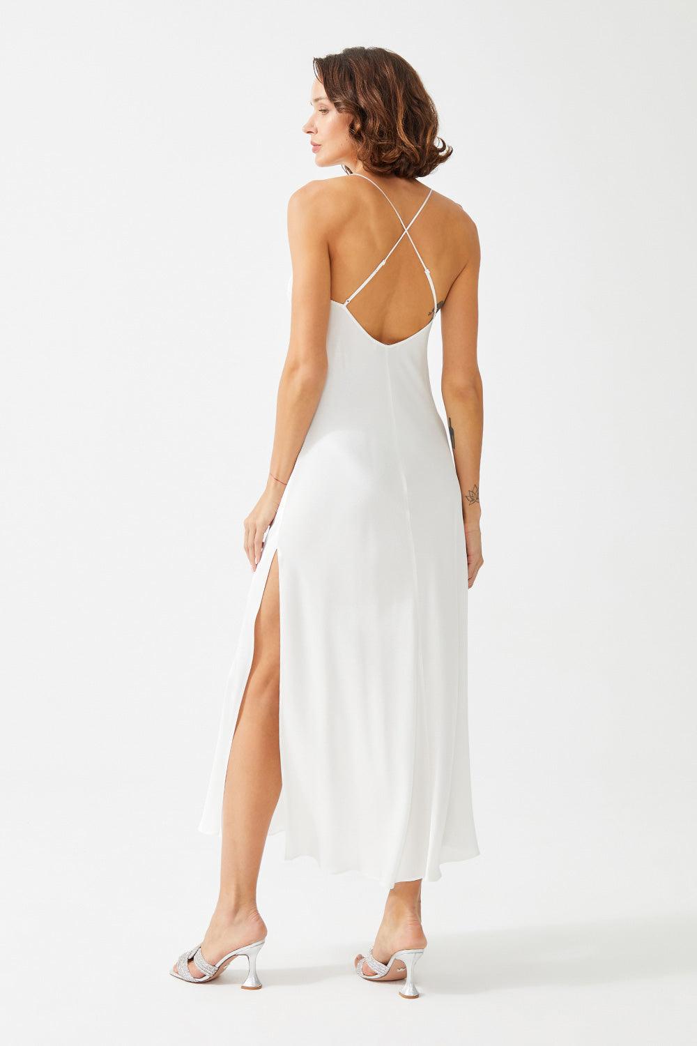 Maram Long Rayon Trimmed Slip Dress - Off White - Bocan
