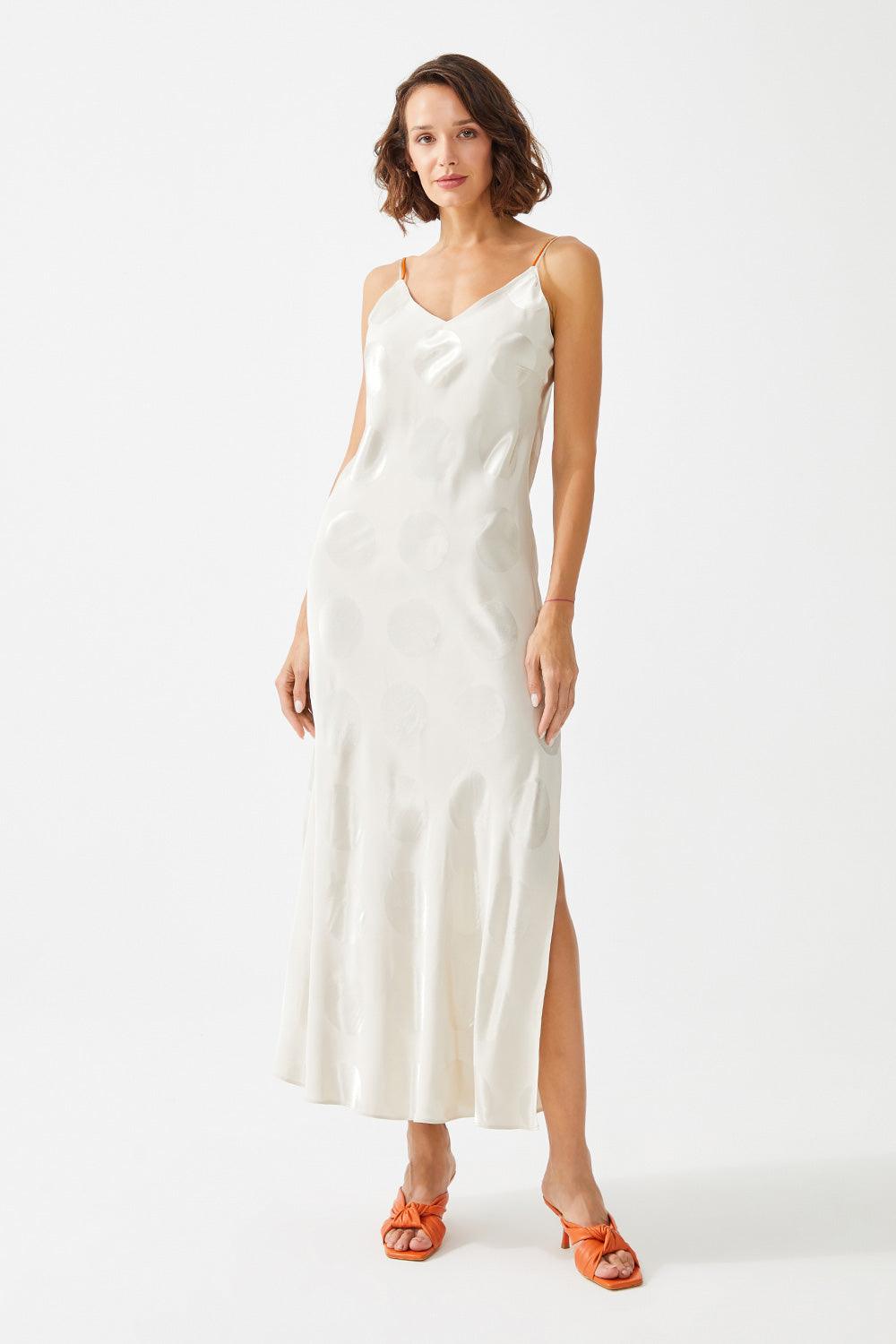 Mari Long Silk Sateen Patterned Double Taped Slip Dress - Beige - Bocan