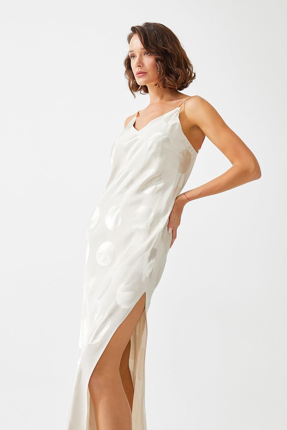 Mari Long Silk Sateen Patterned Double Taped Slip Dress - Beige - Bocan