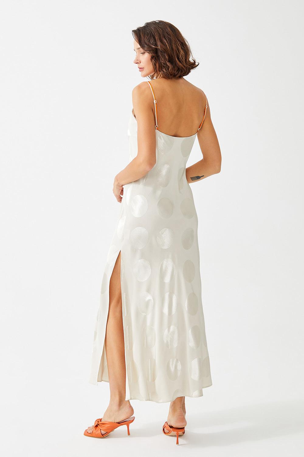 Mari Long Silk Sateen Patterned Double Taped Slip Dress - Beige - Bocan
