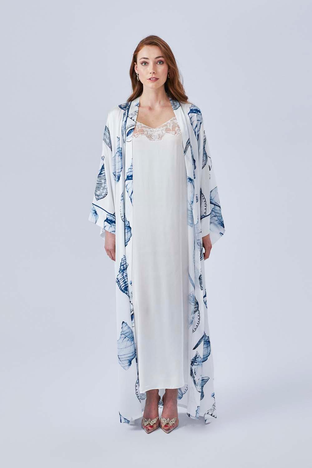 Marina - Long Silk Sateen Printed Robe Set - Navy - Bocan