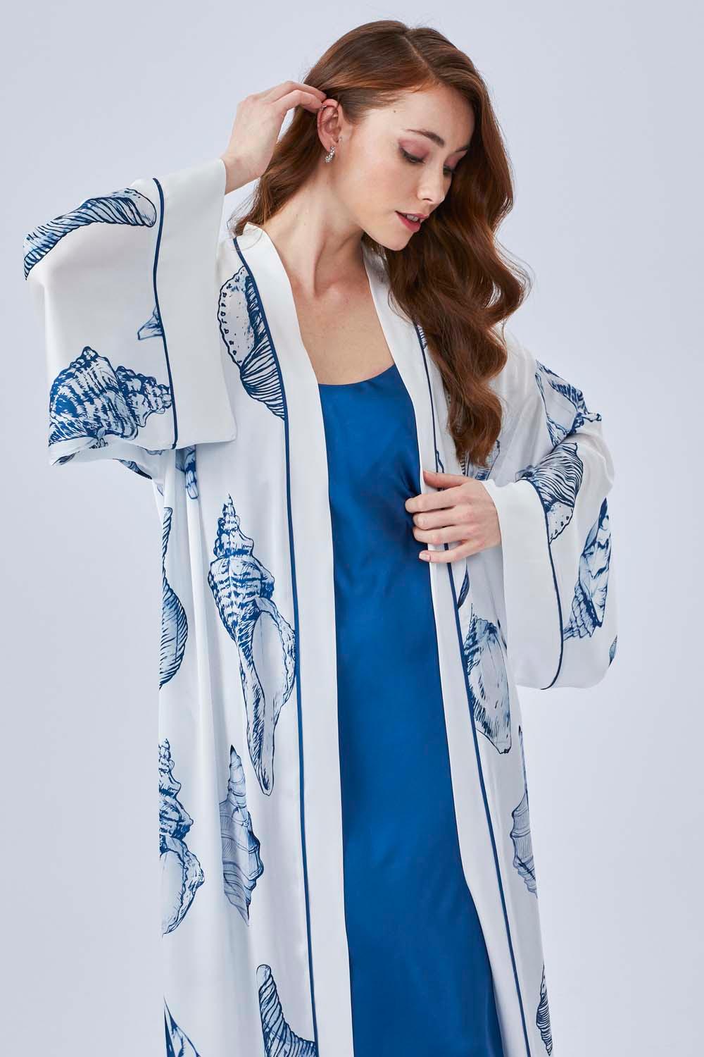 Marina The Azur - Long Silk Sateen Printed Robe Set - Navy - Bocan
