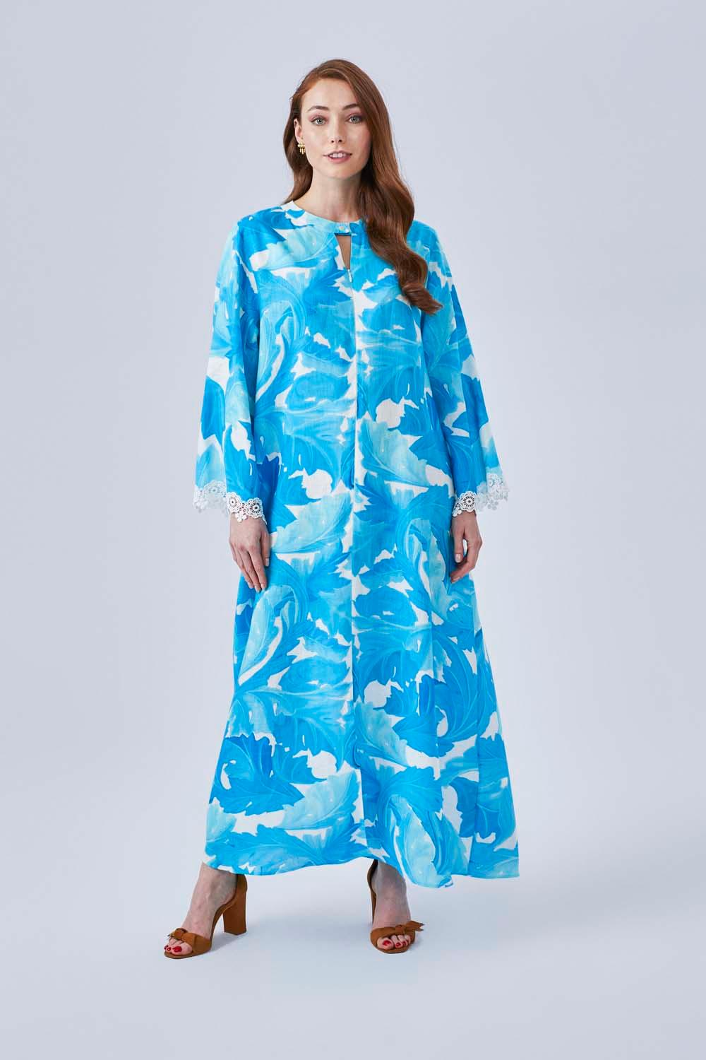 Marlie - Printed Linen Long Trimmed Dress - Turquiose - Bocan