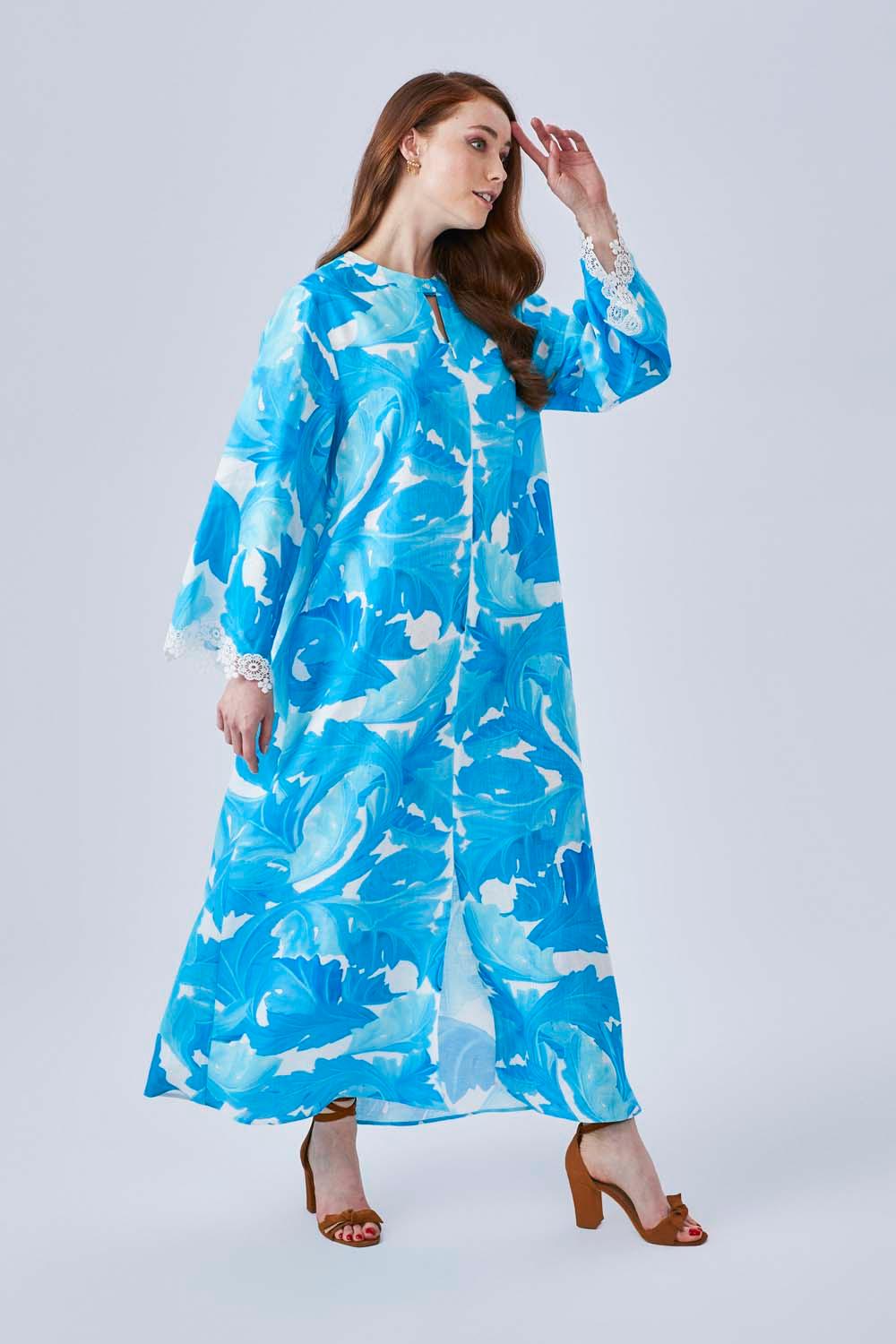 Marlie - Printed Linen Long Trimmed Dress - Turquiose - Bocan