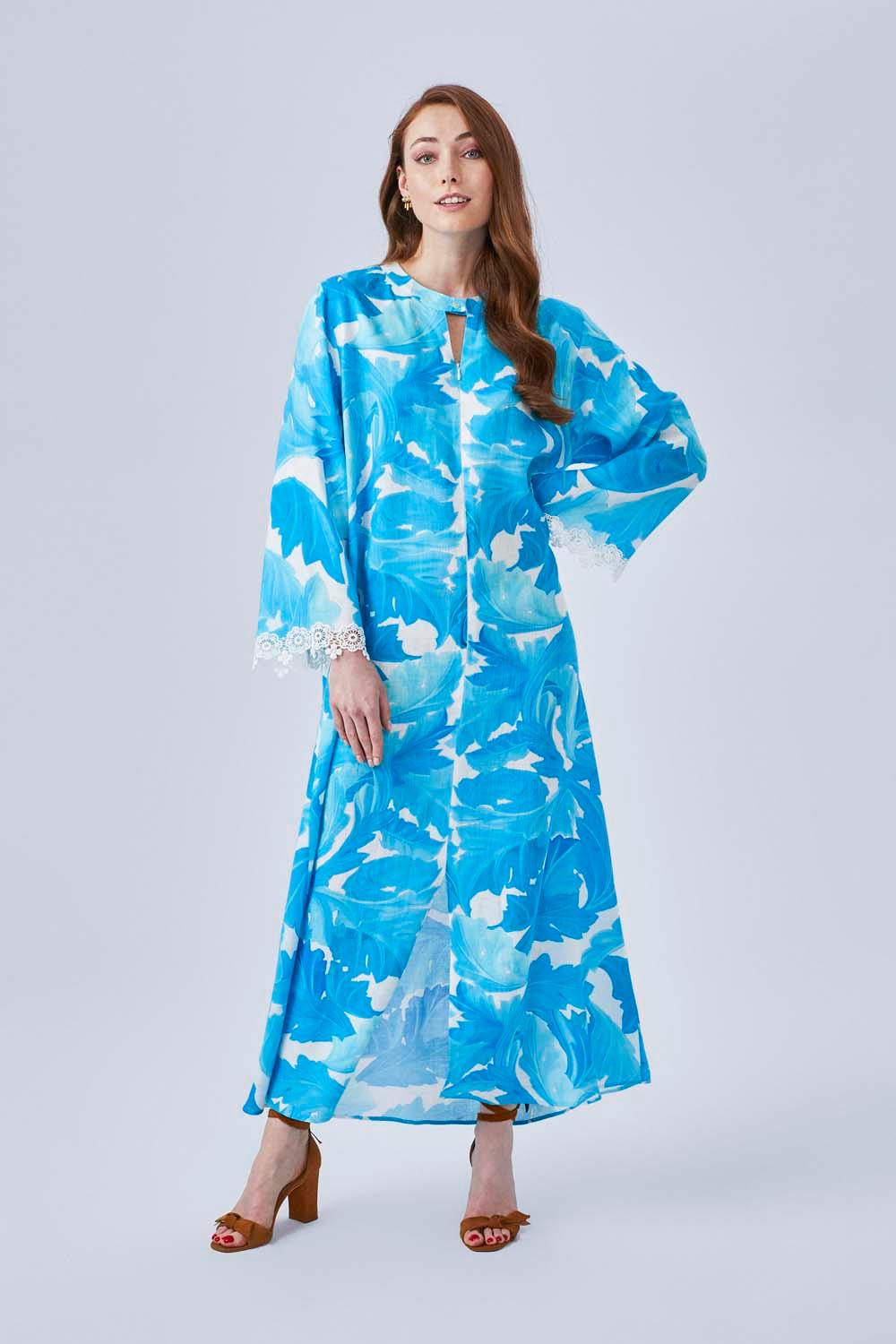 Marlie - Printed Linen Long Trimmed Dress - Turquiose - Bocan