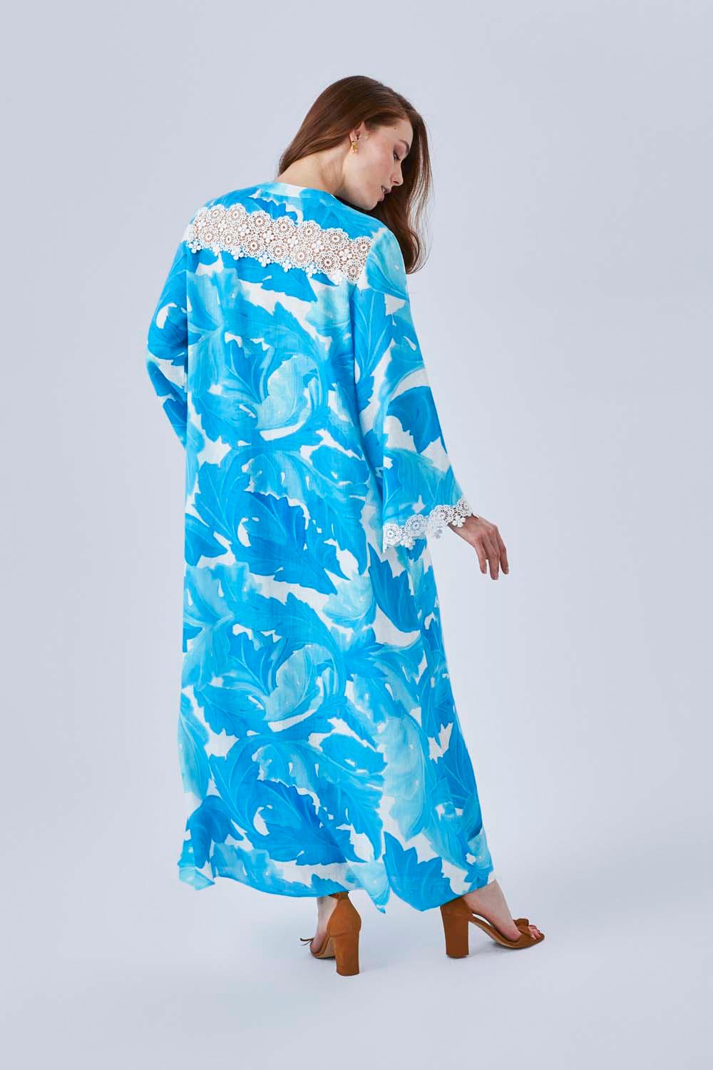 Marlie - Printed Linen Long Trimmed Dress - Turquiose - Bocan