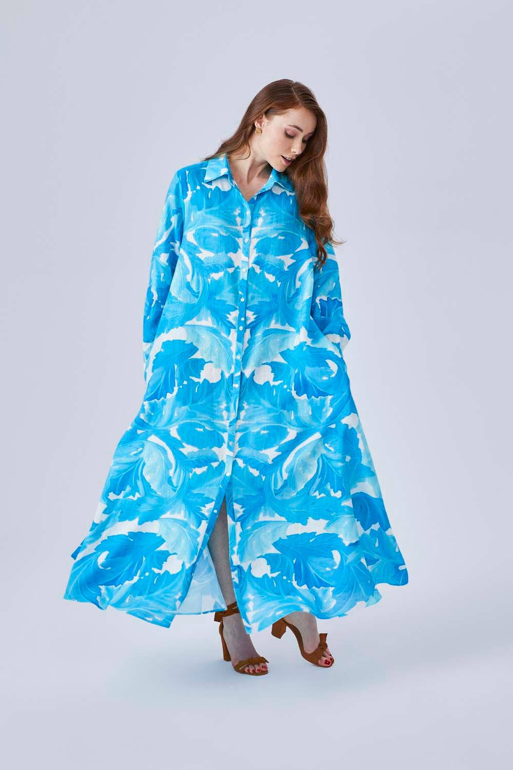 Marta - Printed Long Shirt Dress with Long Sleeves- Turquiose - Bocan