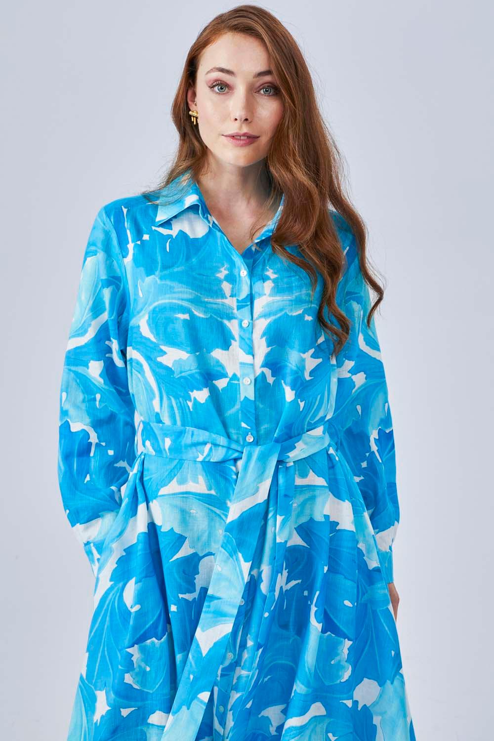 Marta - Printed Long Shirt Dress with Long Sleeves- Turquiose - Bocan