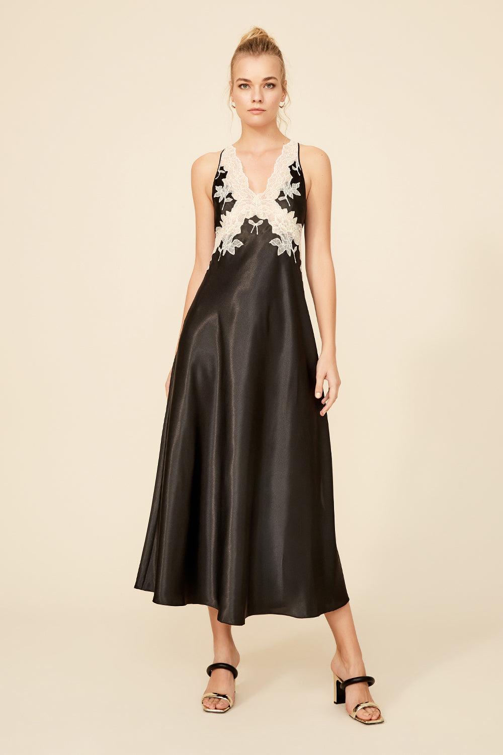 Melanie - Long Silk Satin Trimmed Nightie - Black with Gold Lace - Bocan