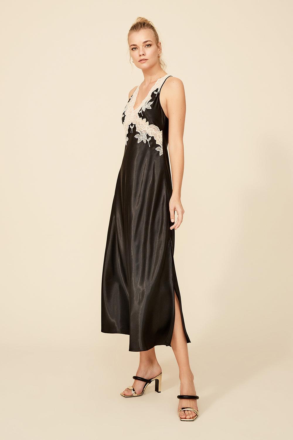Melanie - Long Silk Satin Trimmed Nightie - Black with Gold Lace - Bocan