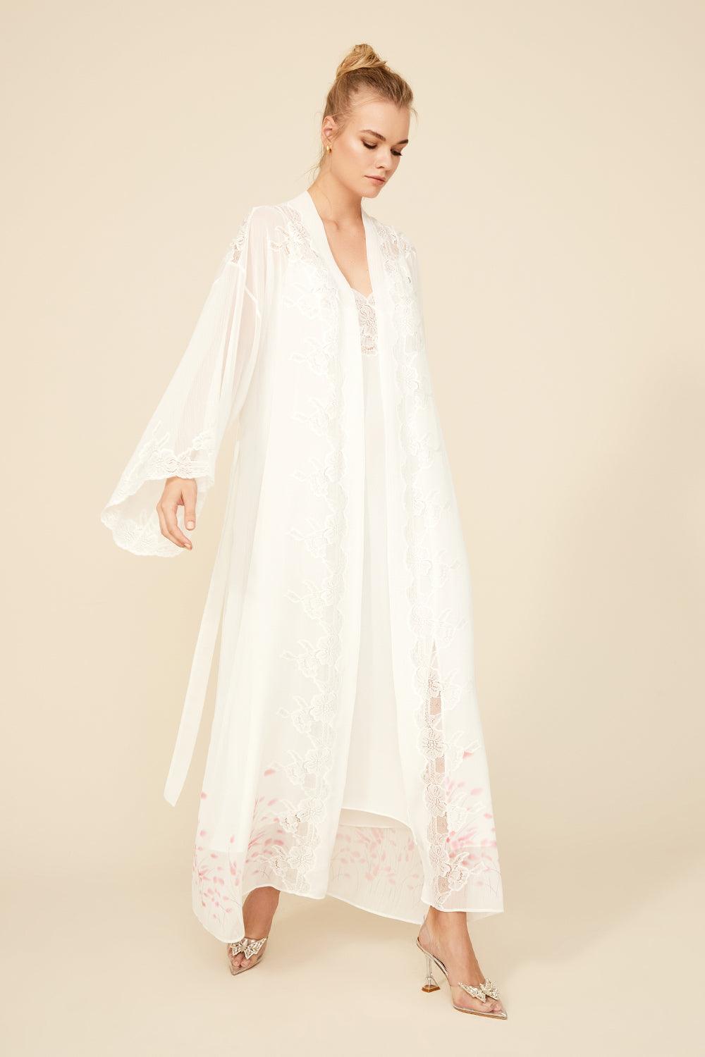 Melina - Long Silk Chiffon Printed Robe - Off White - Bocan