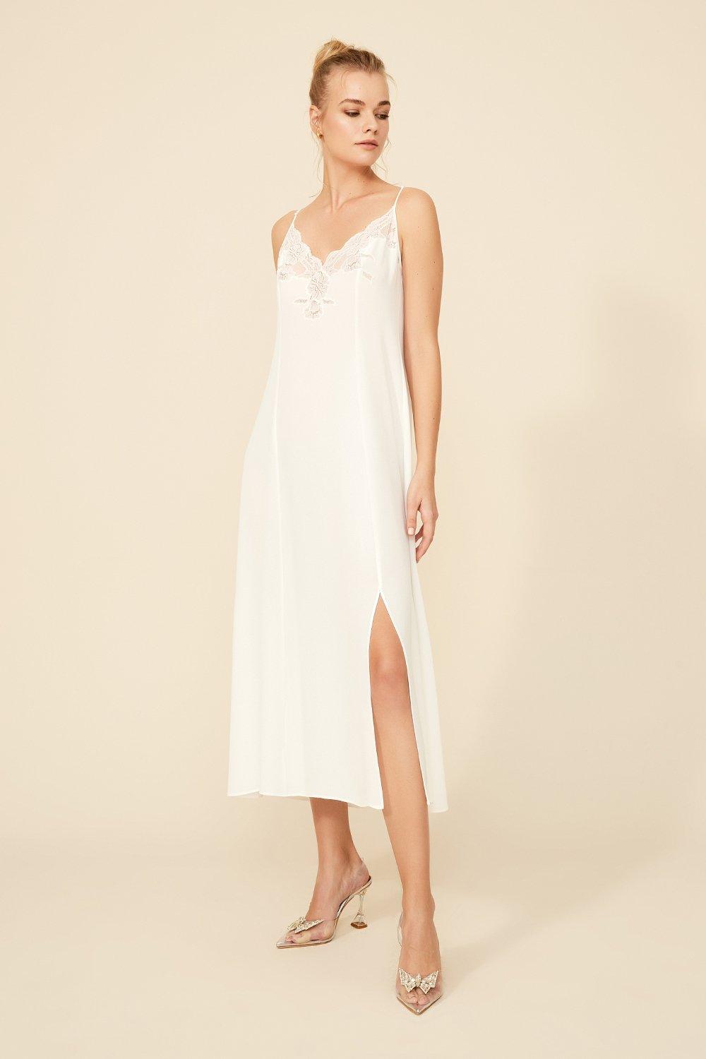 Melina - Long Silk Chiffon Printed Robe - Off White - Bocan