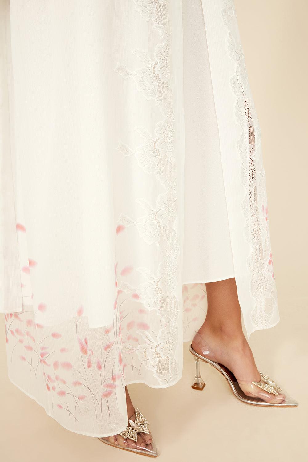 Melina - Long Silk Chiffon Printed Robe - Off White - Bocan