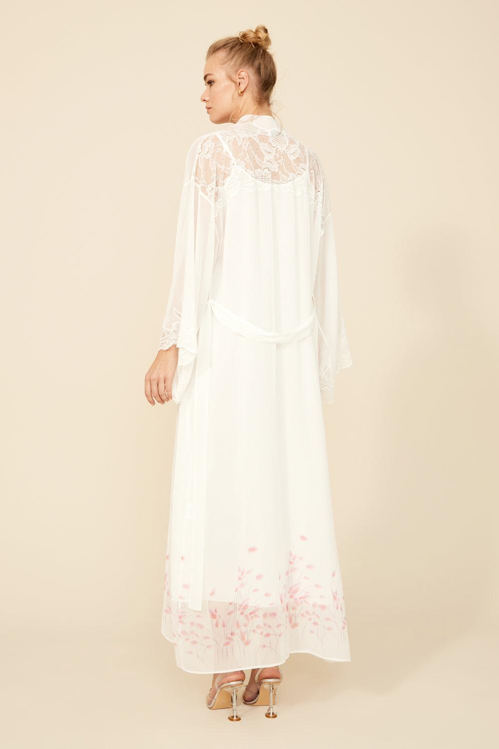Melina - Long Silk Chiffon Printed Robe - Off White - Bocan