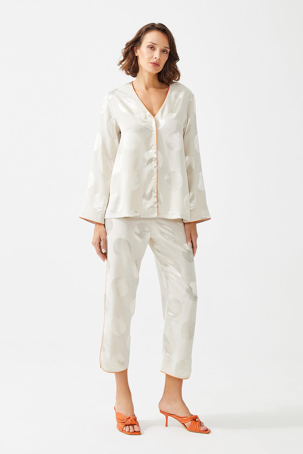 Momo Long Sleeve Buttoned and Patterned Pyjama Set - Beige - Bocan