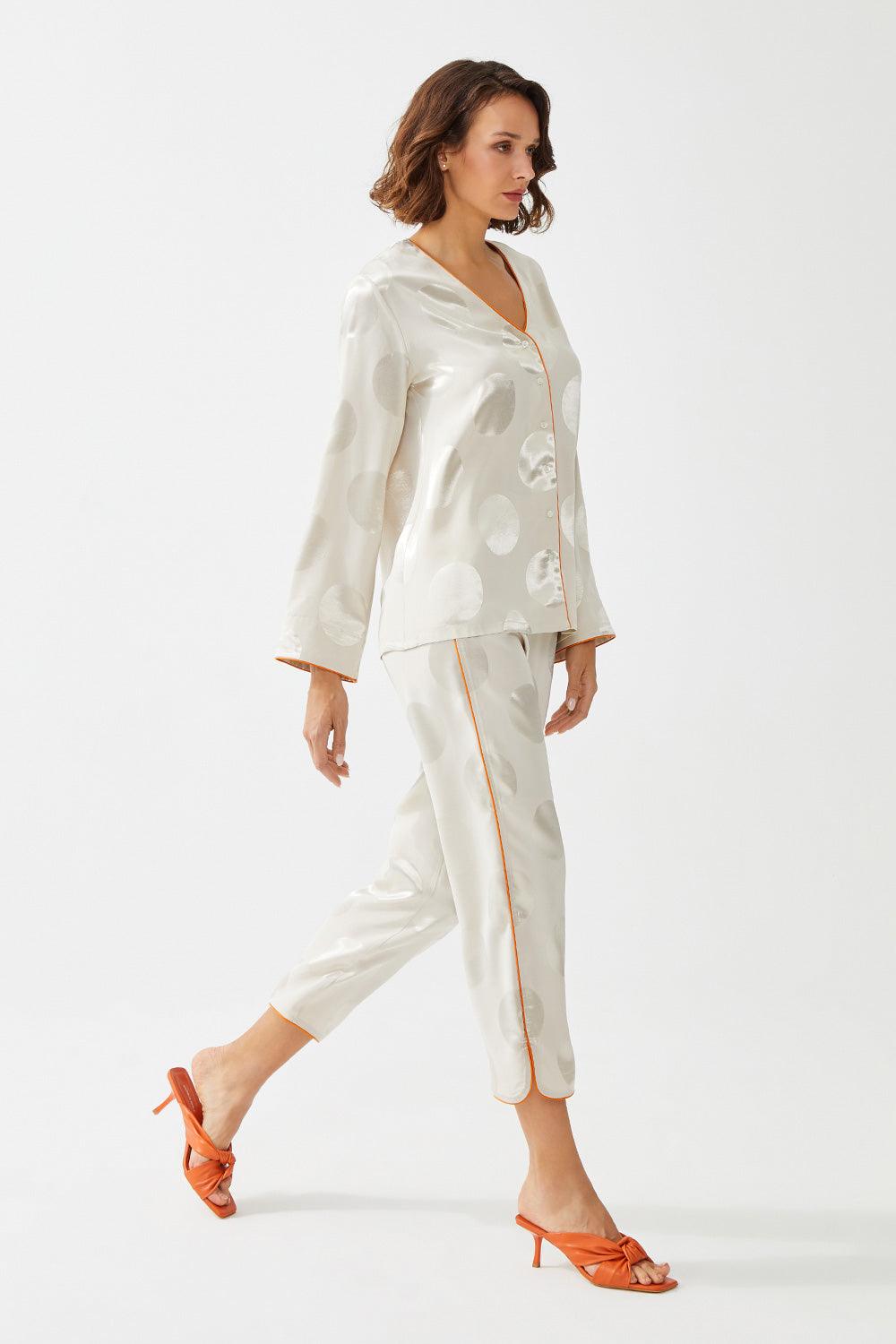 Momo Long Sleeve Buttoned and Patterned Pyjama Set - Beige - Bocan