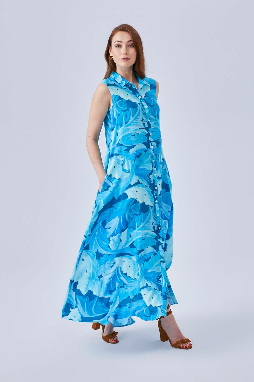 Nadia - Printed Sleeveless Long Shirt Dress - Turquiose - Bocan