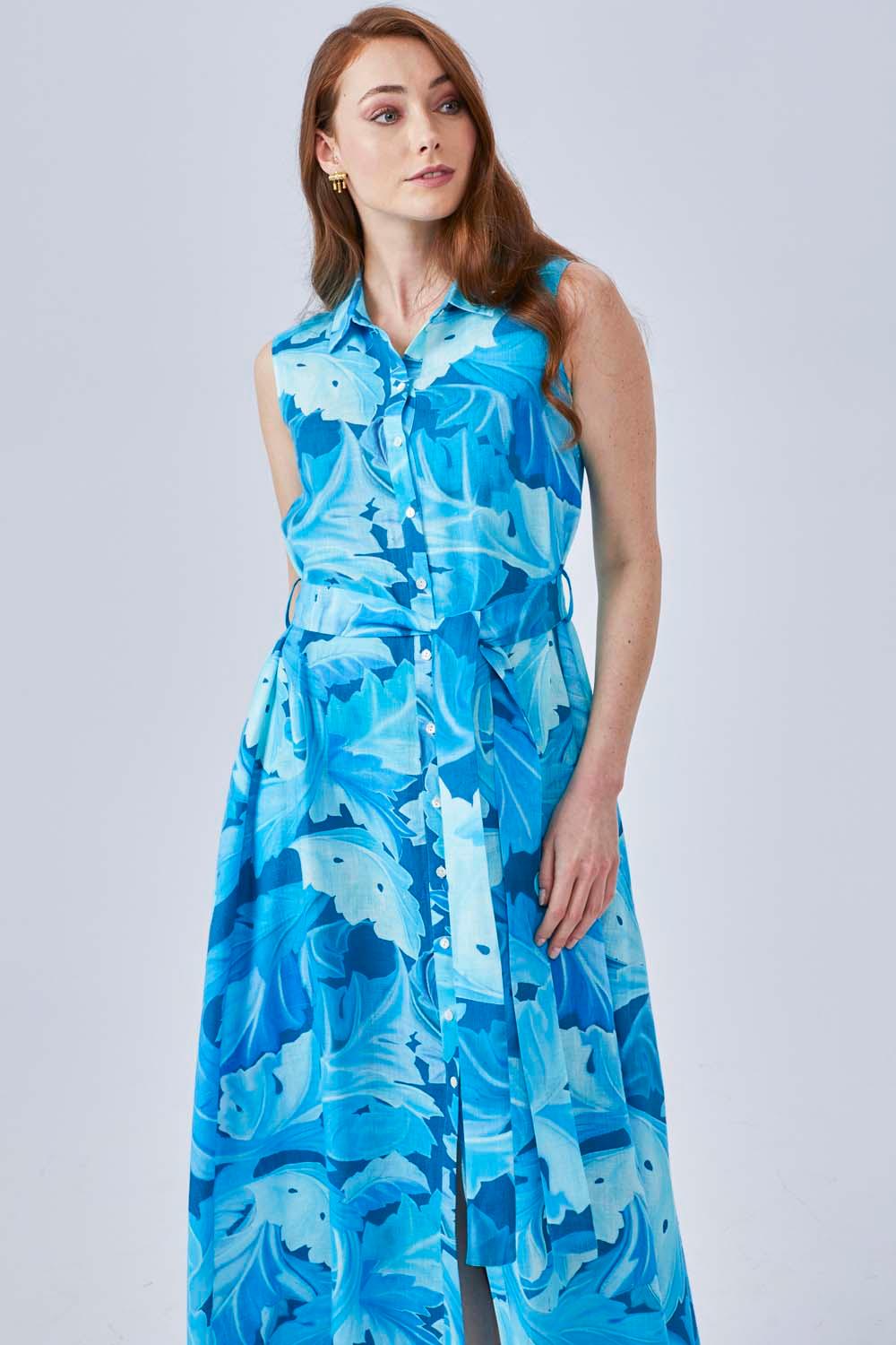 Nadia - Printed Sleeveless Long Shirt Dress - Turquiose - Bocan