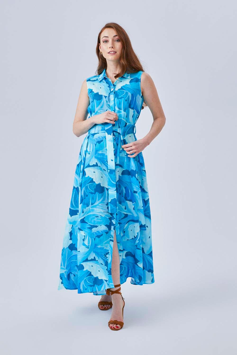 Nadia - Printed Sleeveless Long Shirt Dress - Turquiose - Bocan