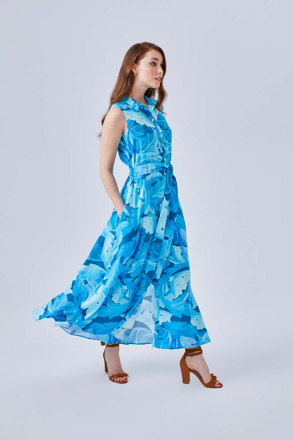 Nadia - Printed Sleeveless Long Shirt Dress - Turquiose - Bocan