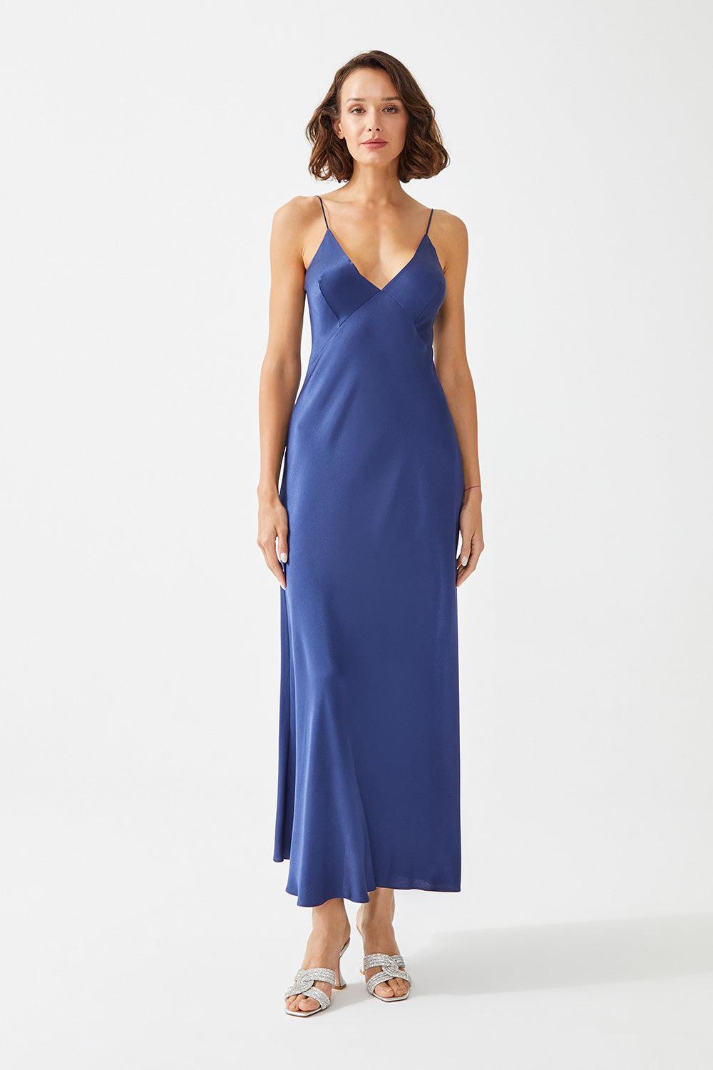 Navie Long Rayon Trimmed Slip Dress - Navy Blue - Bocan