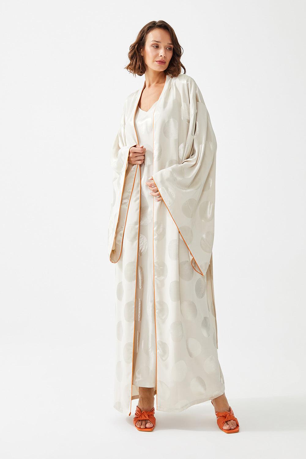 Neroli Long Silk Sateen Patterned Kimono Set - Beige - Bocan