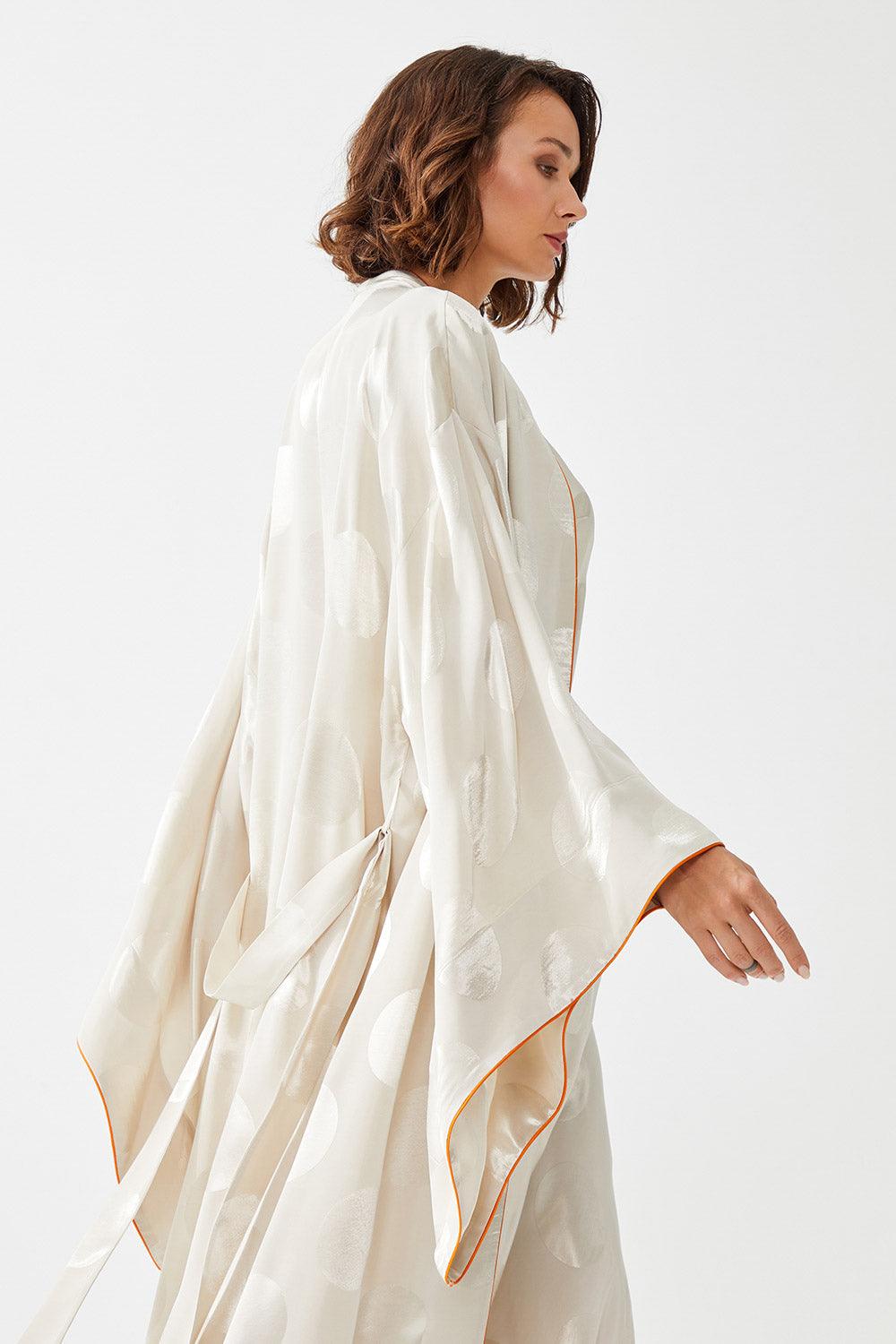 Neroli Long Silk Sateen Patterned Kimono Set - Beige - Bocan