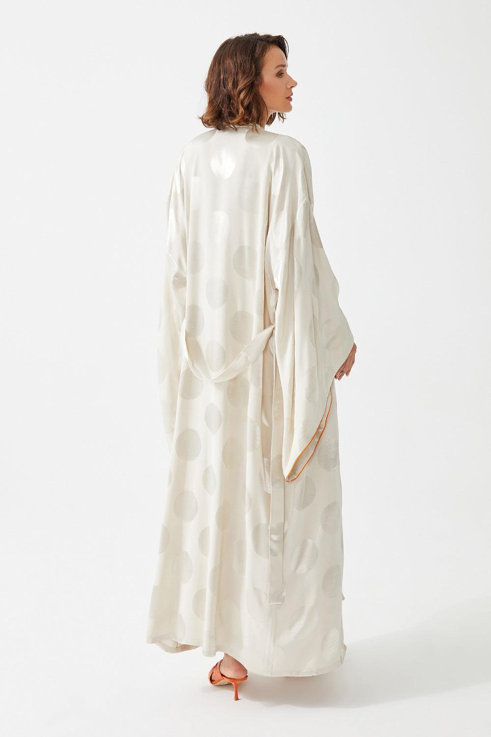 Neroli Long Silk Sateen Patterned Kimono Set - Beige - Bocan