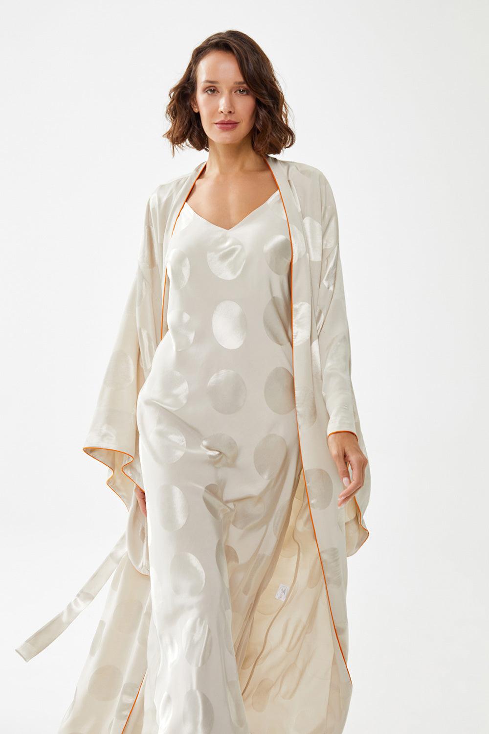 Neroli Long Silk Sateen Patterned Kimono Set - Beige - Bocan