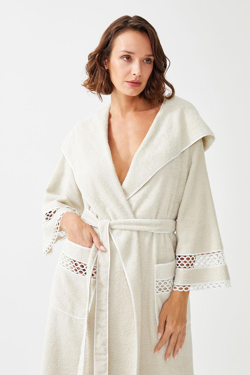 Noora Mid Length Cotton Trimmed Bathrobe - Bocan