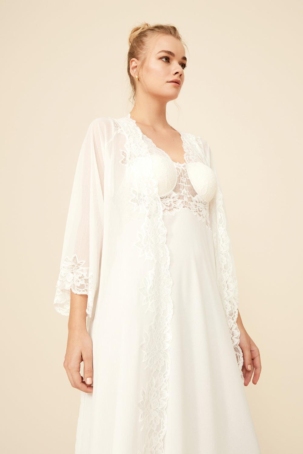 Opal - Long Silk Chiffon Robe Set - Off White - Bocan