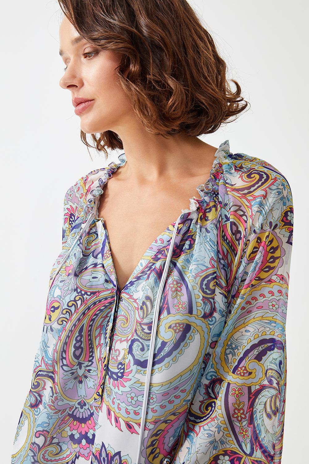 Paisley in Luz Long Printed V neck Silk Chiffon Dress - Bocan