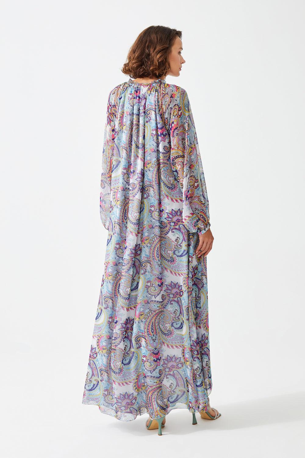 Paisley in Luz Long Printed V neck Silk Chiffon Dress - Bocan