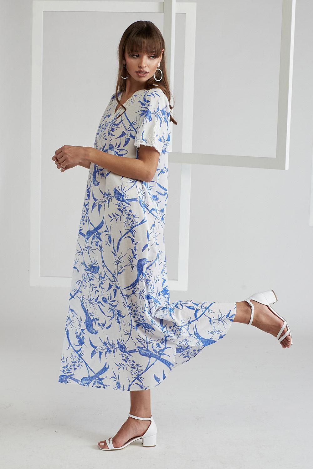 Poplin Dress Blue Printed - Nicaea - Bocan