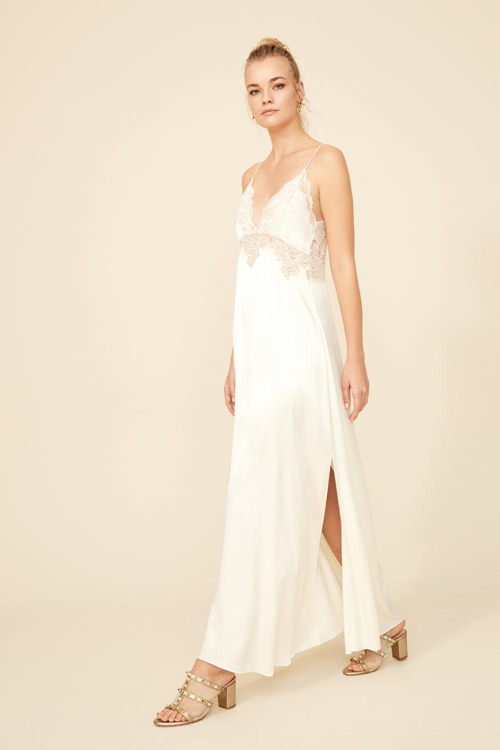 Rachel - Long Rayon Strapped Nightgown - Off white with Gold - Bocan